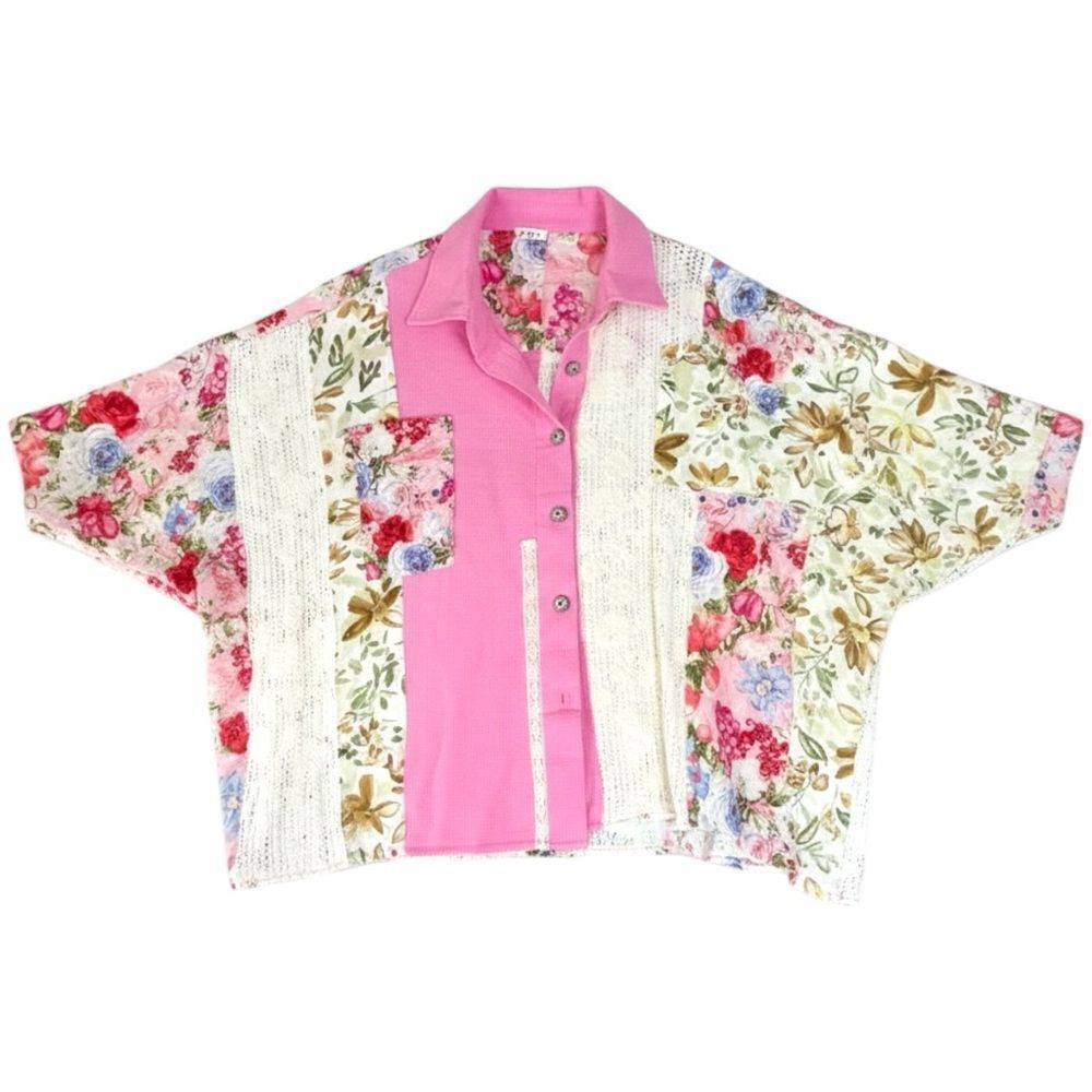 POL Pink Oversize Top Crochet Boho Lace Patchwork Contrast Size MEDIUM NEW - Picture 9 of 9